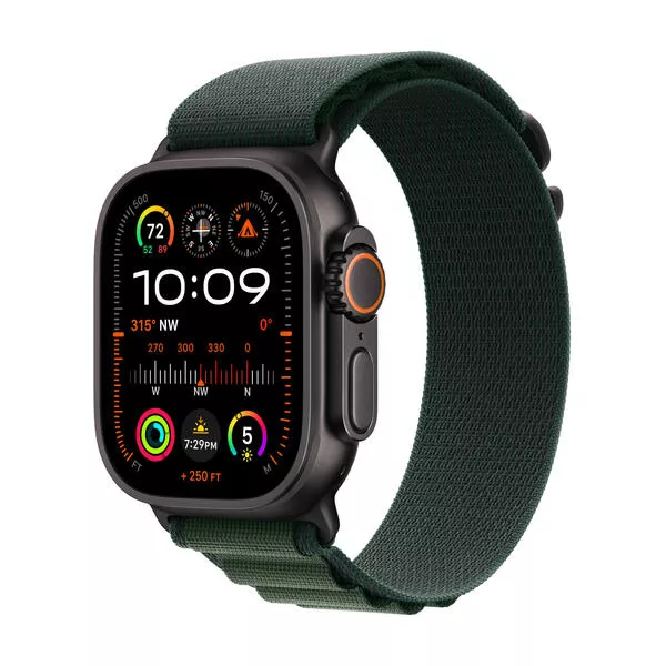 Watch Ultra 2 GPS + Cellular, 49mm, Black Titanium / Dark Green Alpine Loop Large 